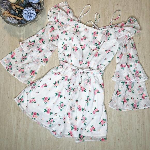 Topshop Floral Rose Swiss Dot Bardot Long Ruffle Sleeve Cold Shoulder Romper 6 - Picture 5 of 13